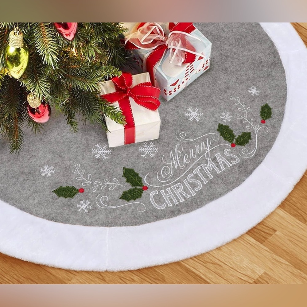 XAMSHOR Christmas Tree Skirt, 32 Inches Embroidered Xmas Tree Skirt White Trim